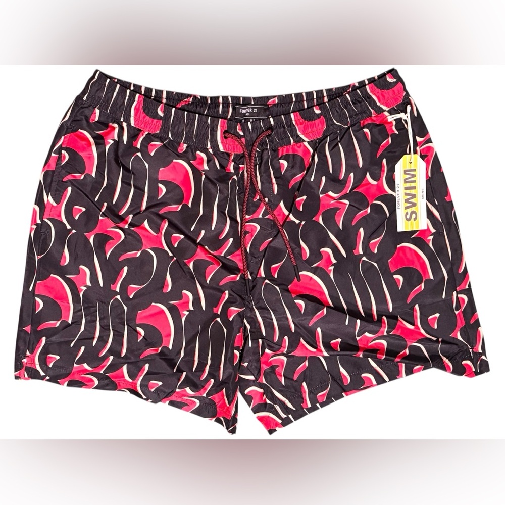 NWT ⭐️ Forever 21 Men's Black & Red Swim Shorts Trunks Pockets